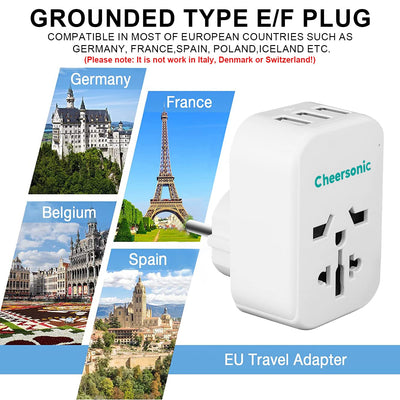 Cheersonic Travel Adapter World To UK/ UK to Europe With 3 USB Ports