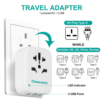 Cheersonic Travel Adapter World To UK/ UK to Europe With 3 USB Ports