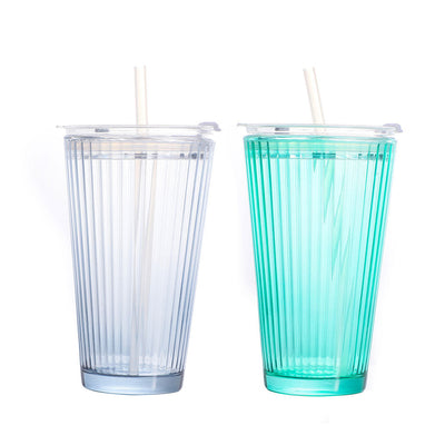 Ribbed Glass Cup With Straw