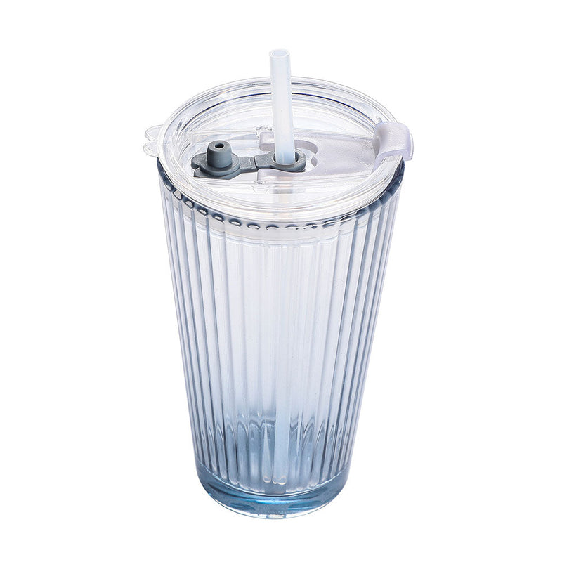 Ribbed Glass Cup With Straw