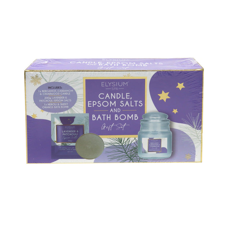 Elysium Spa Candle Salts & Bath Bomb Gift Set Lavender & Patchouli