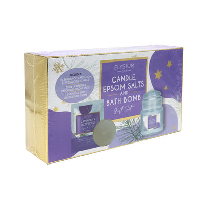 Elysium Spa Candle Salts & Bath Bomb Gift Set Lavender & Patchouli