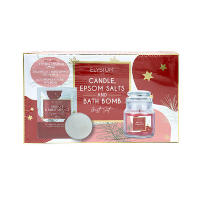 Elysium Spa Candle Salts & Bath Bomb Gift Set Apple & Cinnamon